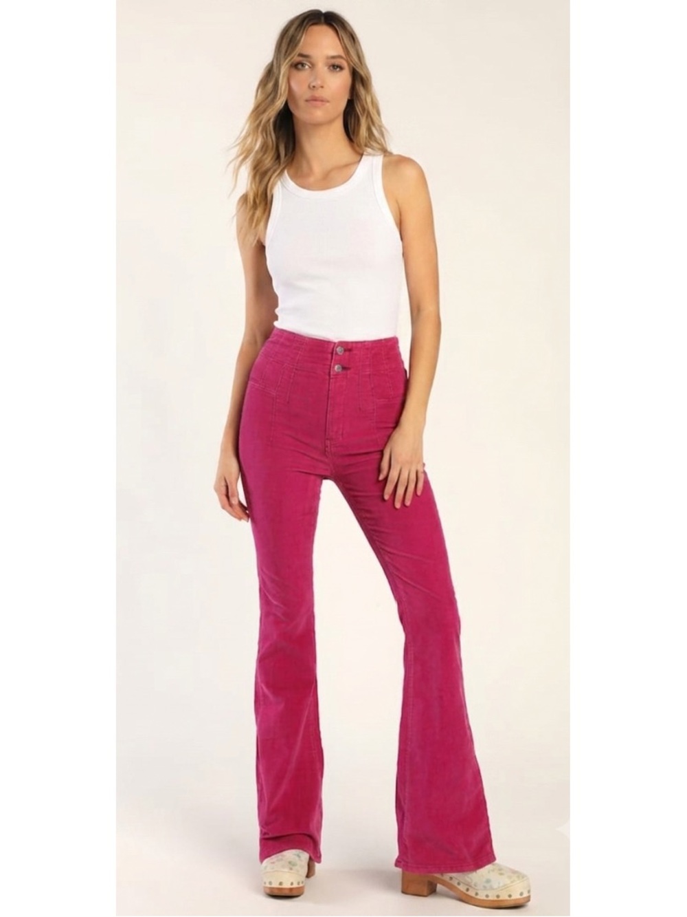 New Free People Jayde High Rise Flare Corduroy Pants Size 24 Pink Magenta